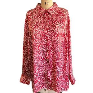 Bob Mackie 100% silk shirt bold animal  print white &  red plus size perfection